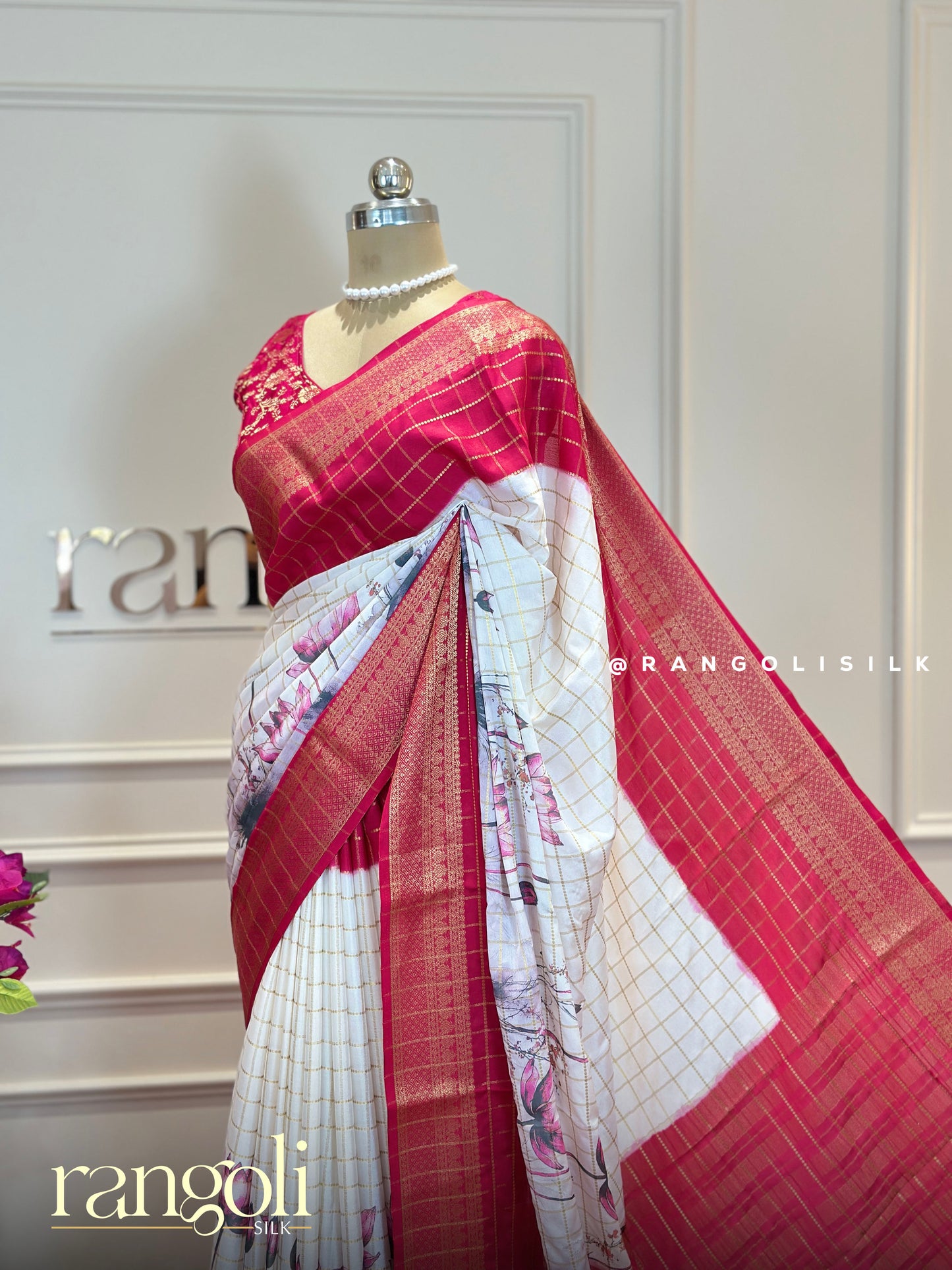 Pink Kalamkari Crepe Saree | Floral Checks | Lightweight & Elegant - Post 600