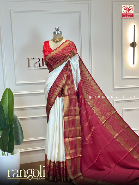 Pure Crepe Silk Saree in Ivory & Red with Golden Zari Borders - Post 486