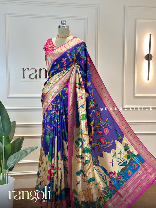 Exquisite Paithani Saree with Intricate Floral Weaves & Gold Border - Post 602