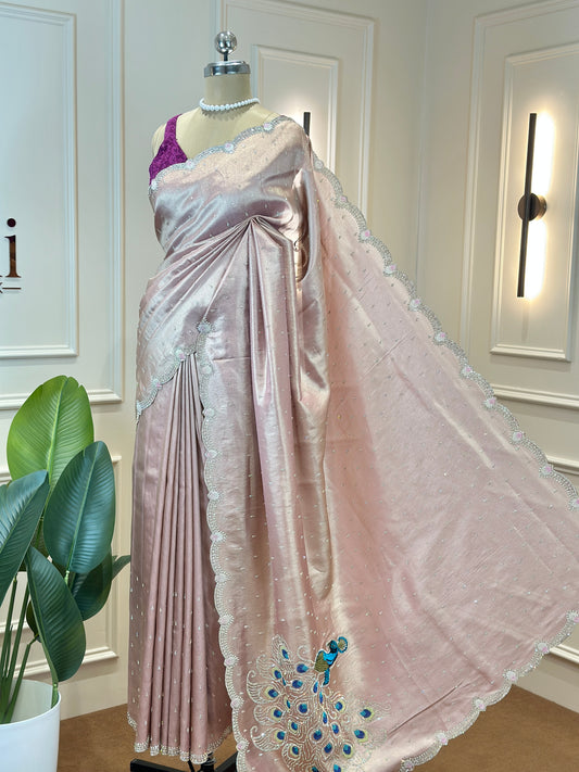 Designer Blush Pink Tissue Silk Saree with Peacock Motif & Silver Lace Detailing - Post 777