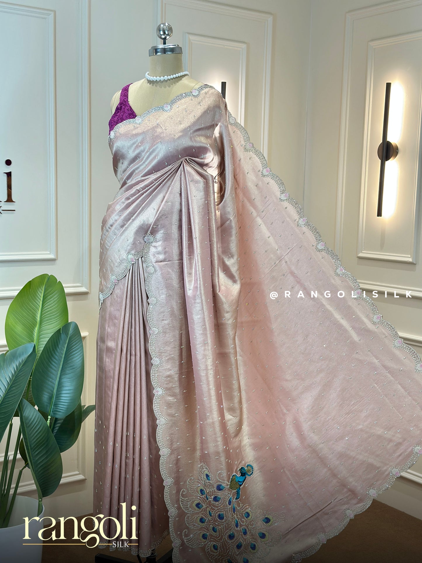 Designer Blush Pink Tissue Silk Saree with Peacock Motif & Silver Lace Detailing - Post 777