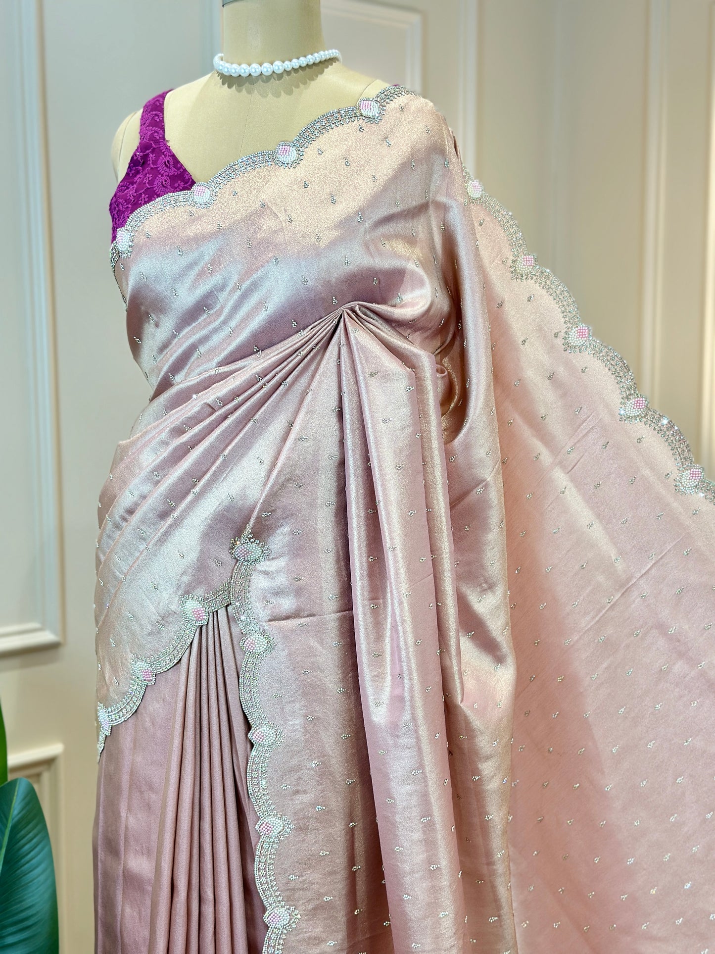 Designer Blush Pink Tissue Silk Saree with Peacock Motif & Silver Lace Detailing - Post 777