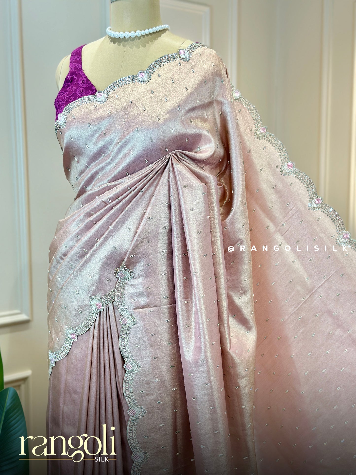 Designer Blush Pink Tissue Silk Saree with Peacock Motif & Silver Lace Detailing - Post 777