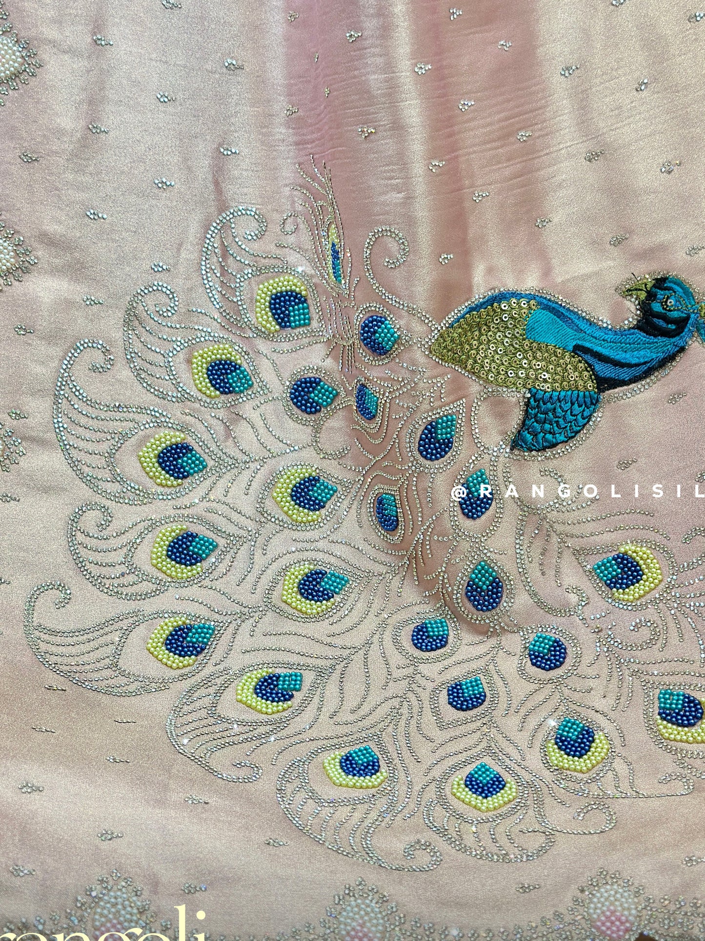 Designer Blush Pink Tissue Silk Saree with Peacock Motif & Silver Lace Detailing - Post 777