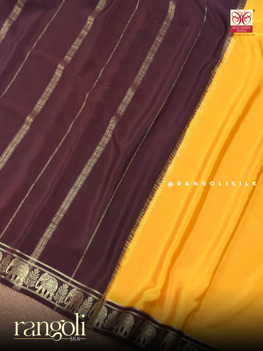 Pure Mysore Silk Saree Mustard Yellow with Brown Elephant Zari Border - Post 890