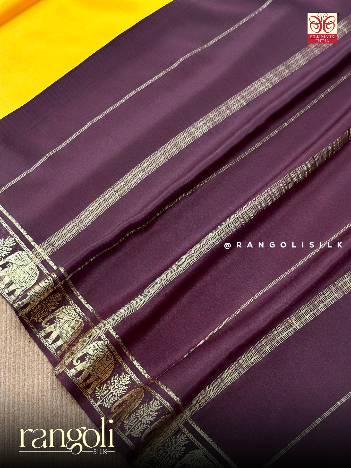Pure Mysore Silk Saree Mustard Yellow with Brown Elephant Zari Border - Post 890