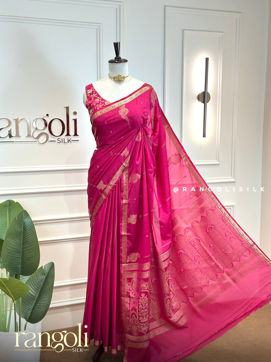 Semi Mysore Crepe Silk Saree with Gold Zari Buttas & Floral Border - Post 1012