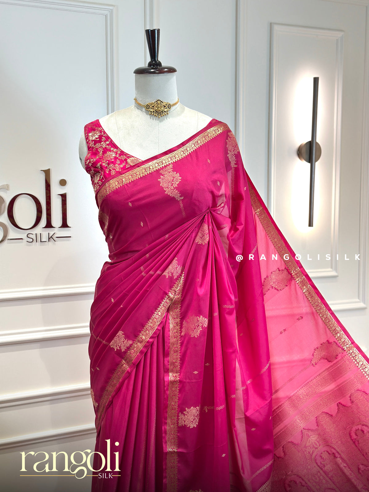 Semi Mysore Crepe Silk Saree with Gold Zari Buttas & Floral Border - Post 1012