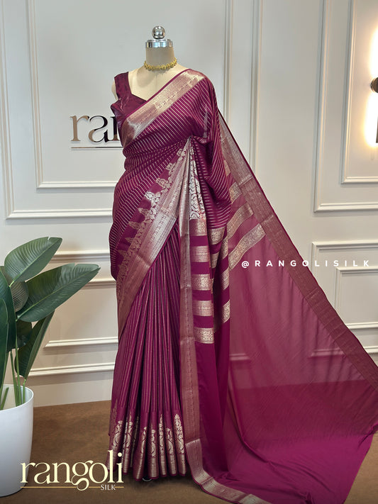 Elegant Semi Mysore Silk Saree - Luxurious Crepe Fabric with Rich Zari Border & Intricate Designs - Post 611