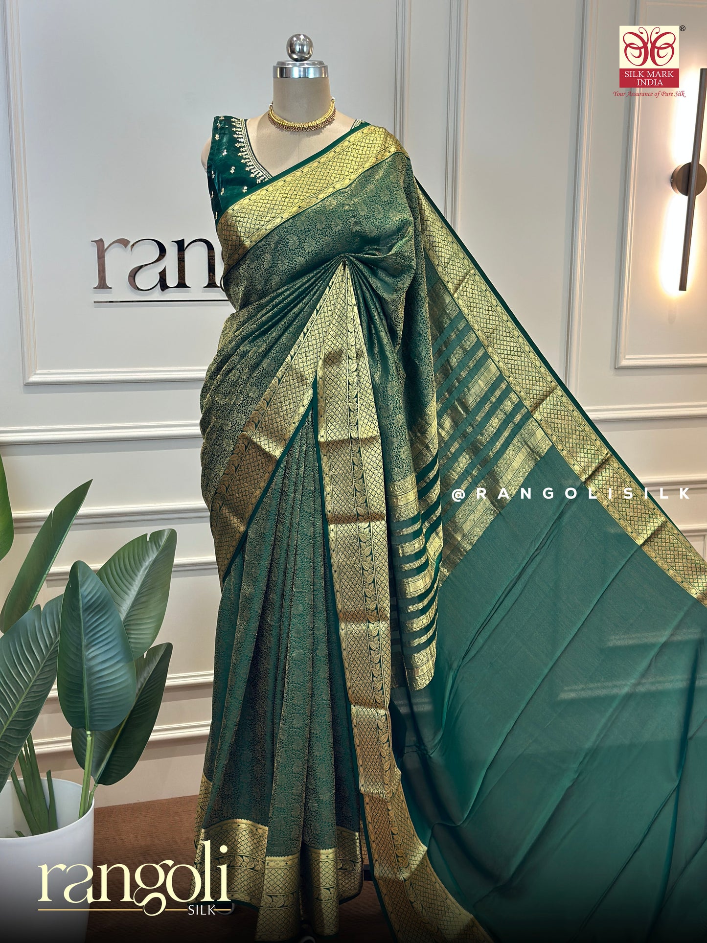 Pure Mysore Silk Saree in Emerald Green with Gold Zari Brocade - Post 711