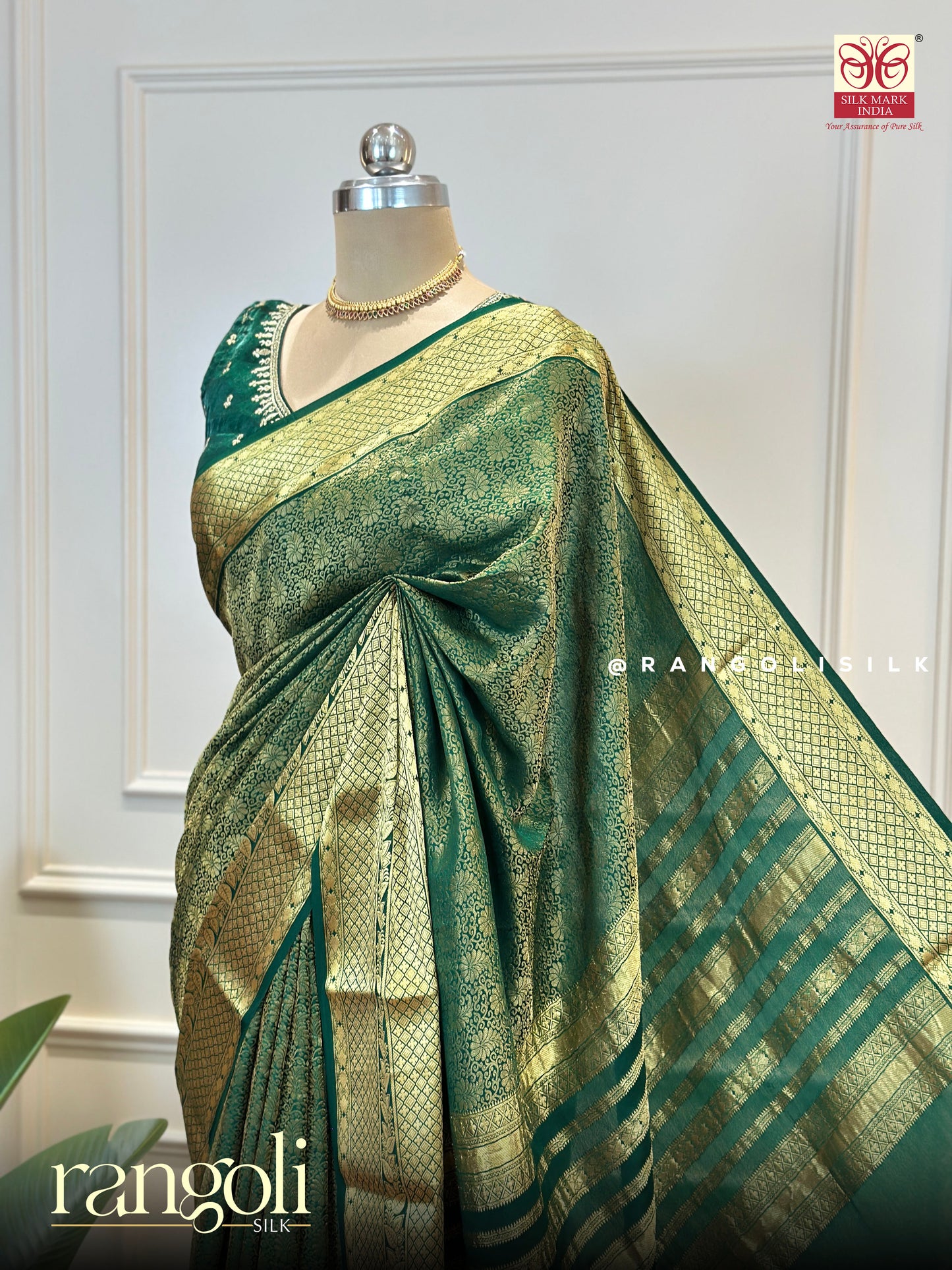 Pure Mysore Silk Saree in Emerald Green with Gold Zari Brocade - Post 711