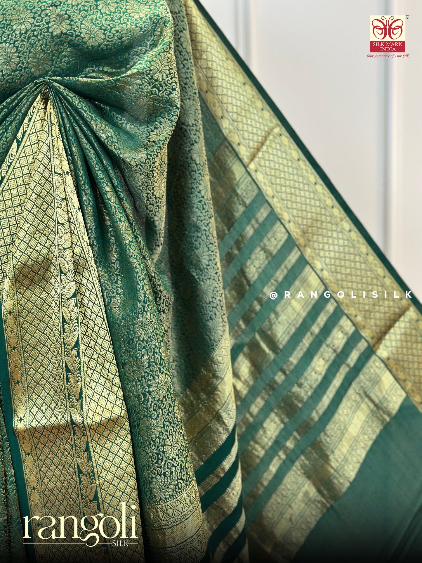 Pure Mysore Silk Saree in Emerald Green with Gold Zari Brocade - Post 711