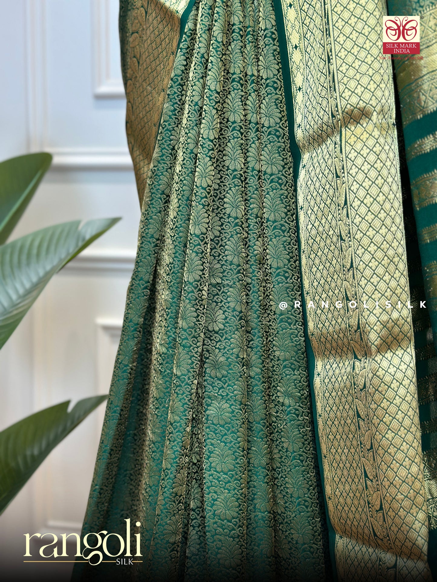 Pure Mysore Silk Saree in Emerald Green with Gold Zari Brocade - Post 711