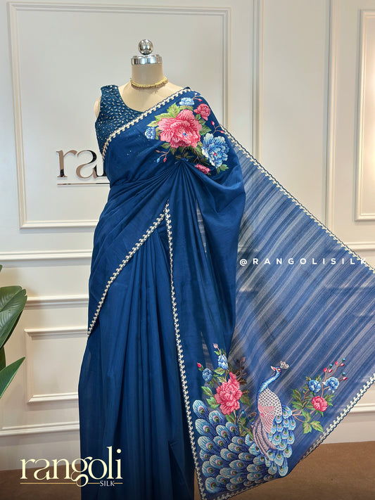 Elegant Cotton Silk Saree with Peacock Motifs & Floral Embroidery – Post 607