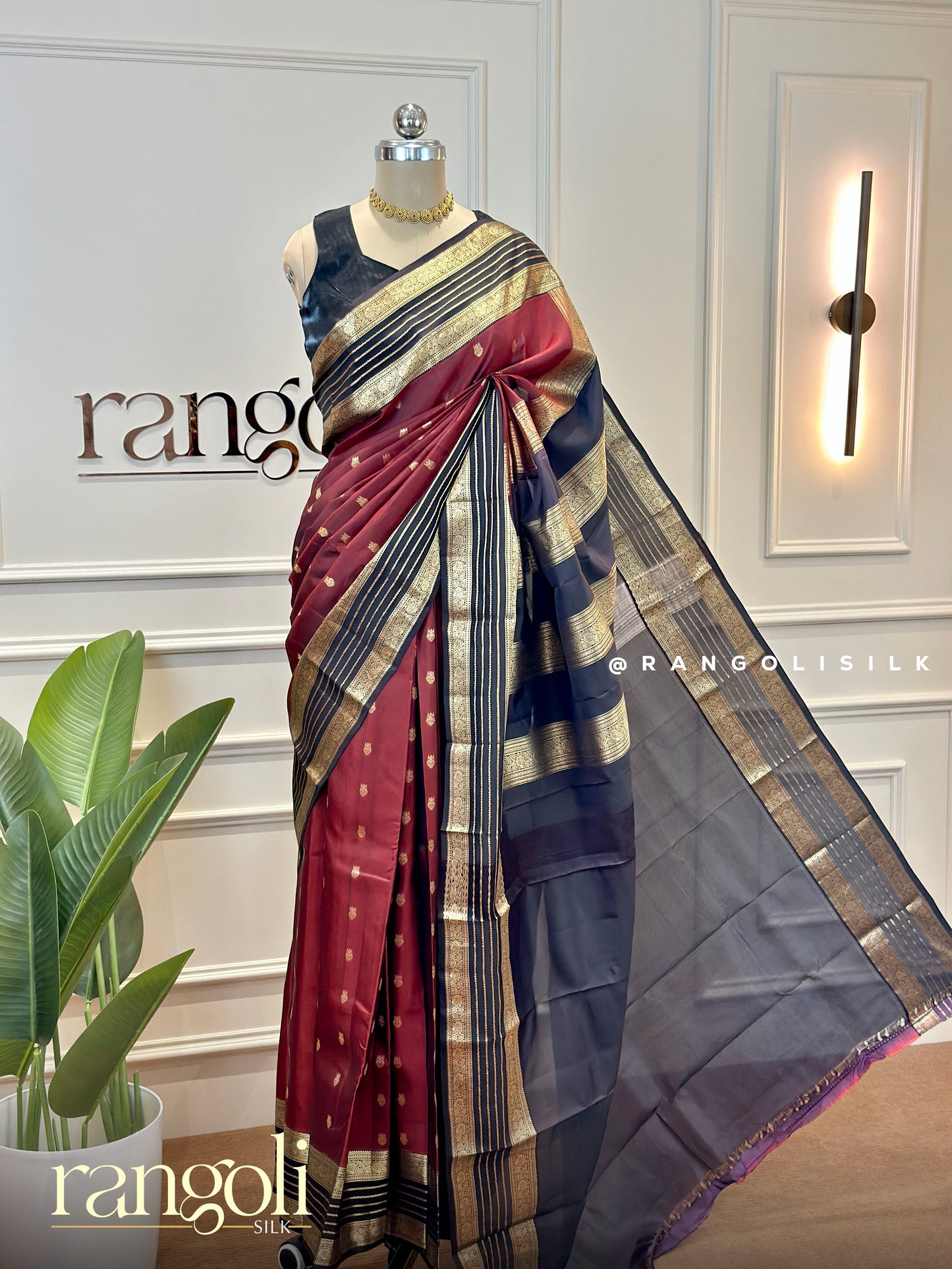 Kanjivaram Silk Saree in Rich Maroon & Black with Gold Zari Stripes - Post 705