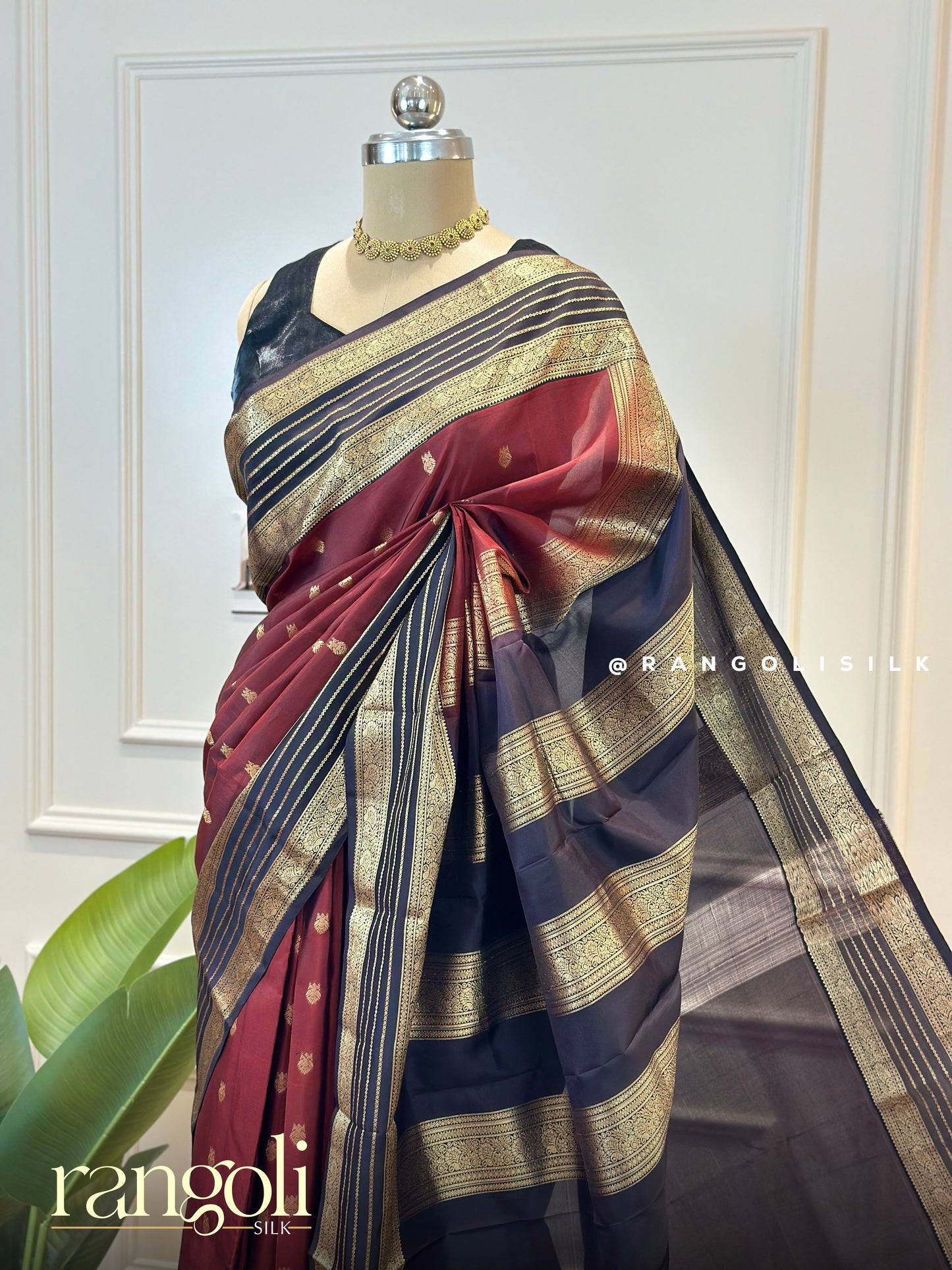 Kanjivaram Silk Saree in Rich Maroon & Black with Gold Zari Stripes - Post 705