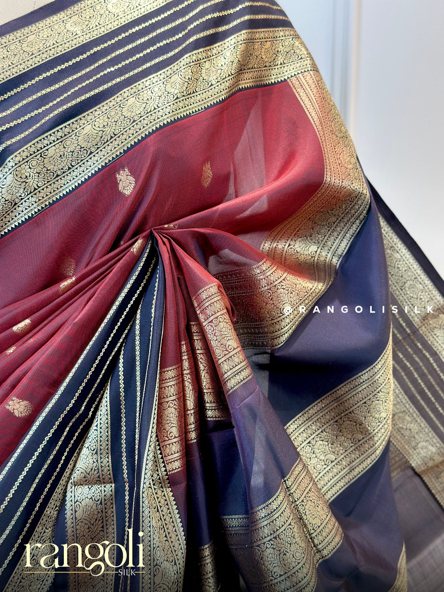 Kanjivaram Silk Saree in Rich Maroon & Black with Gold Zari Stripes - Post 705