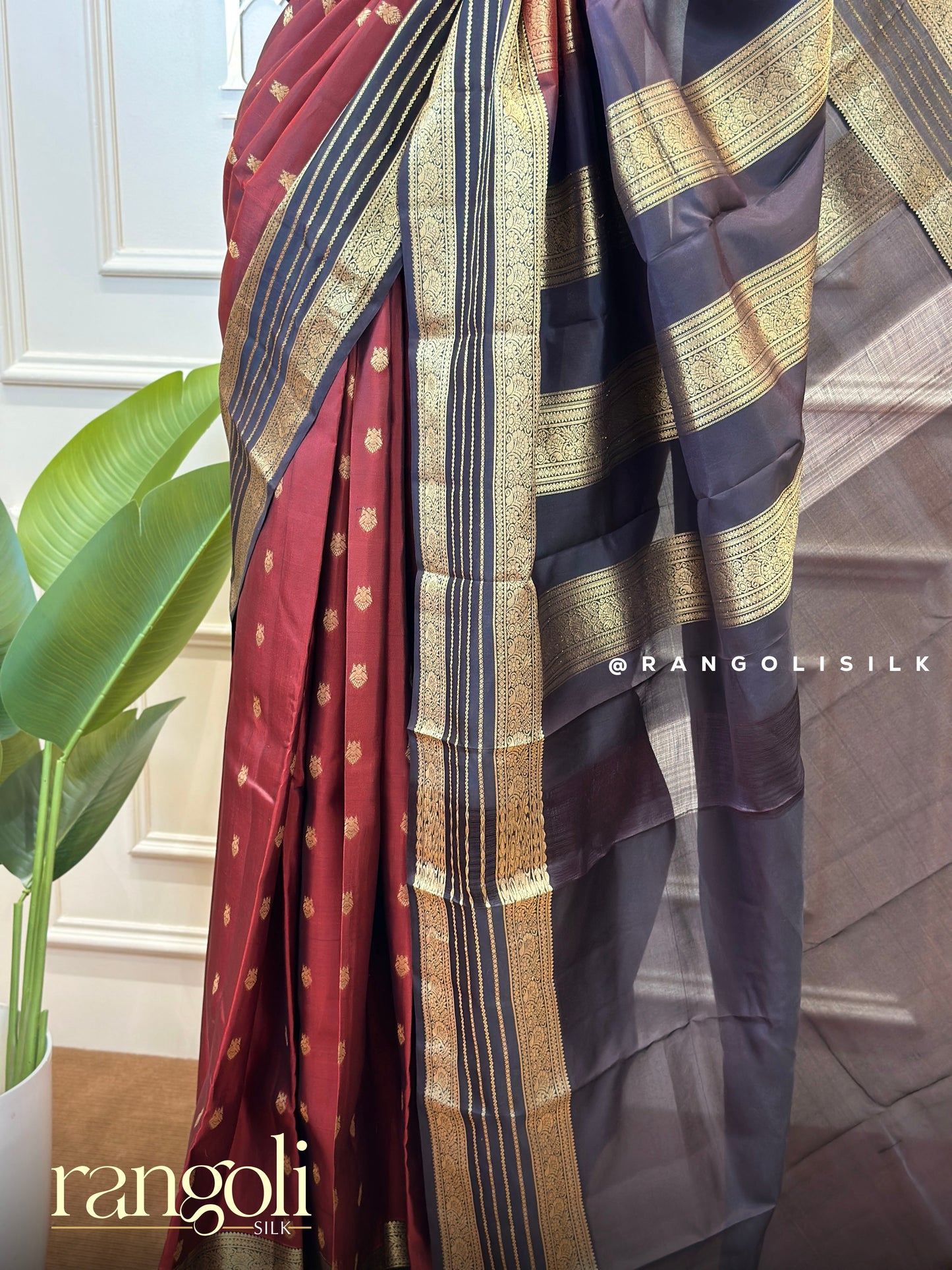 Kanjivaram Silk Saree in Rich Maroon & Black with Gold Zari Stripes - Post 705