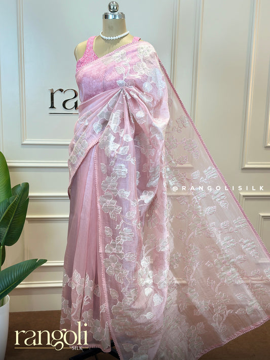 Pastel Pink Floral Embroidered Designer Saree - Post 708