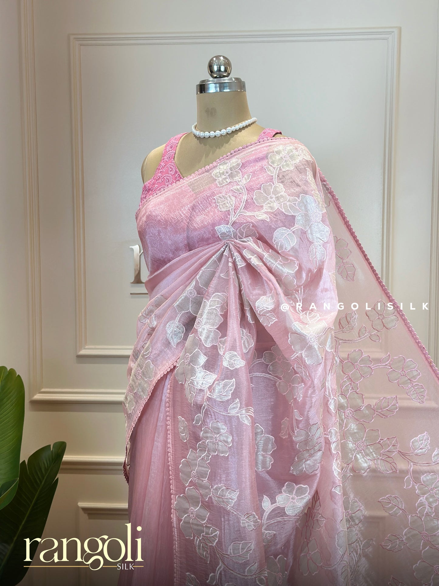 Pastel Pink Floral Embroidered Designer Saree - Post 708
