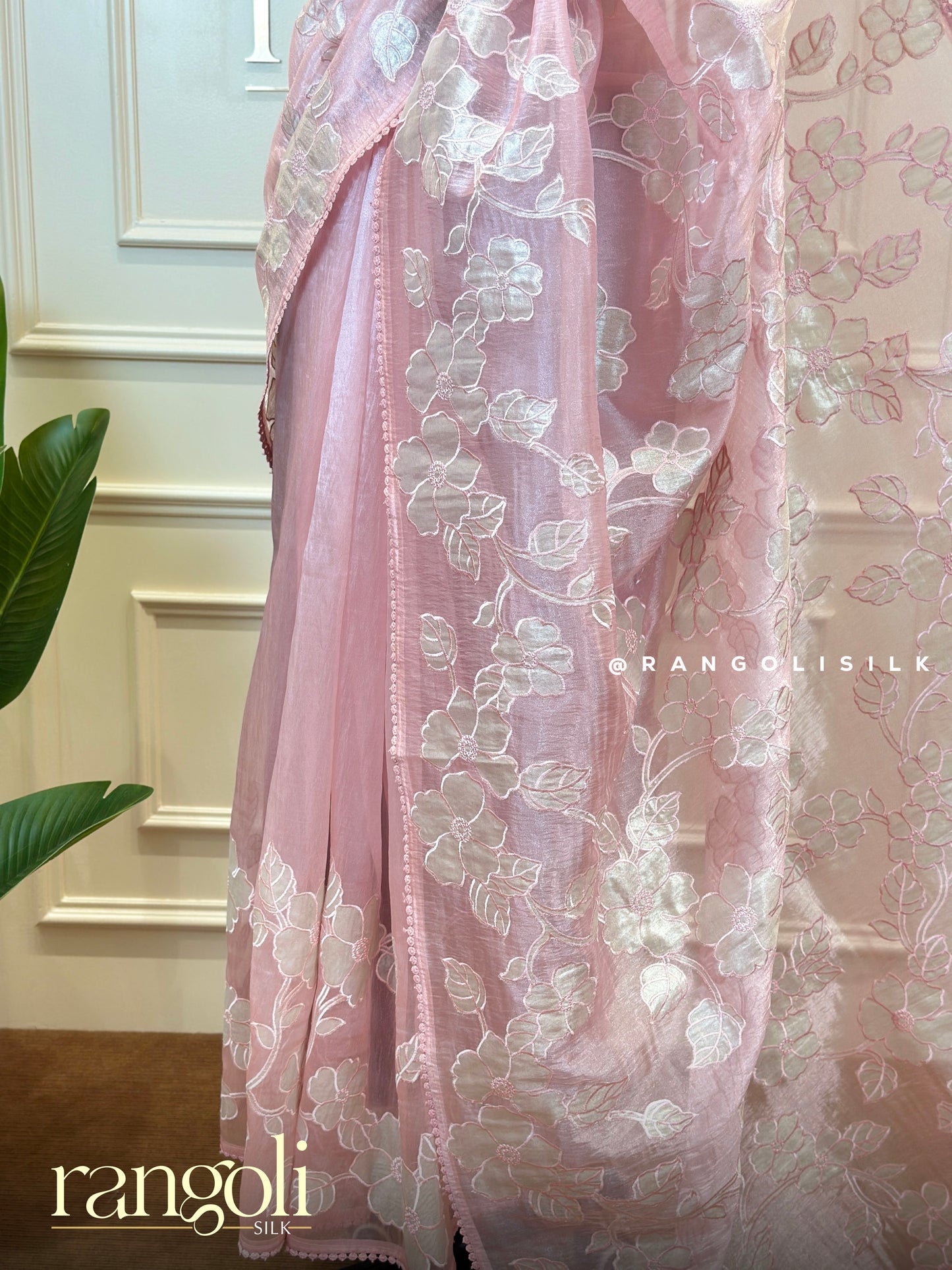 Pastel Pink Floral Embroidered Designer Saree - Post 708