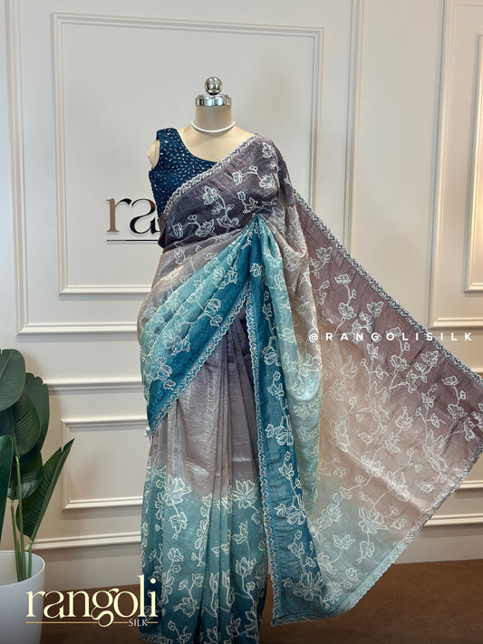 Designer Dual-Tone Embroidered Saree – Elegant Floral Patterns - Post 609