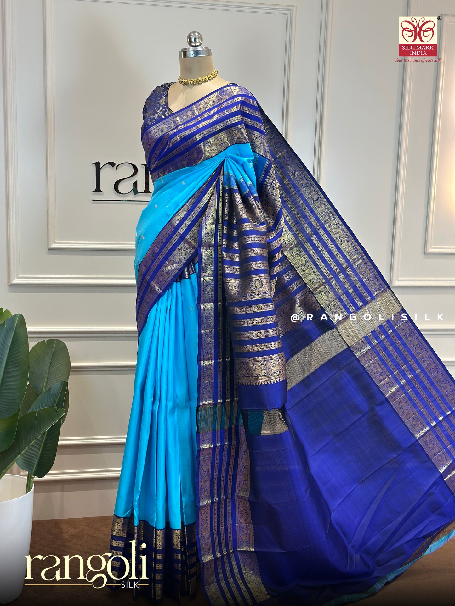 Royal Blue & Turquoise Pure Kanjivaram Silk Saree with Intricate Gold Zari Border - Post 606