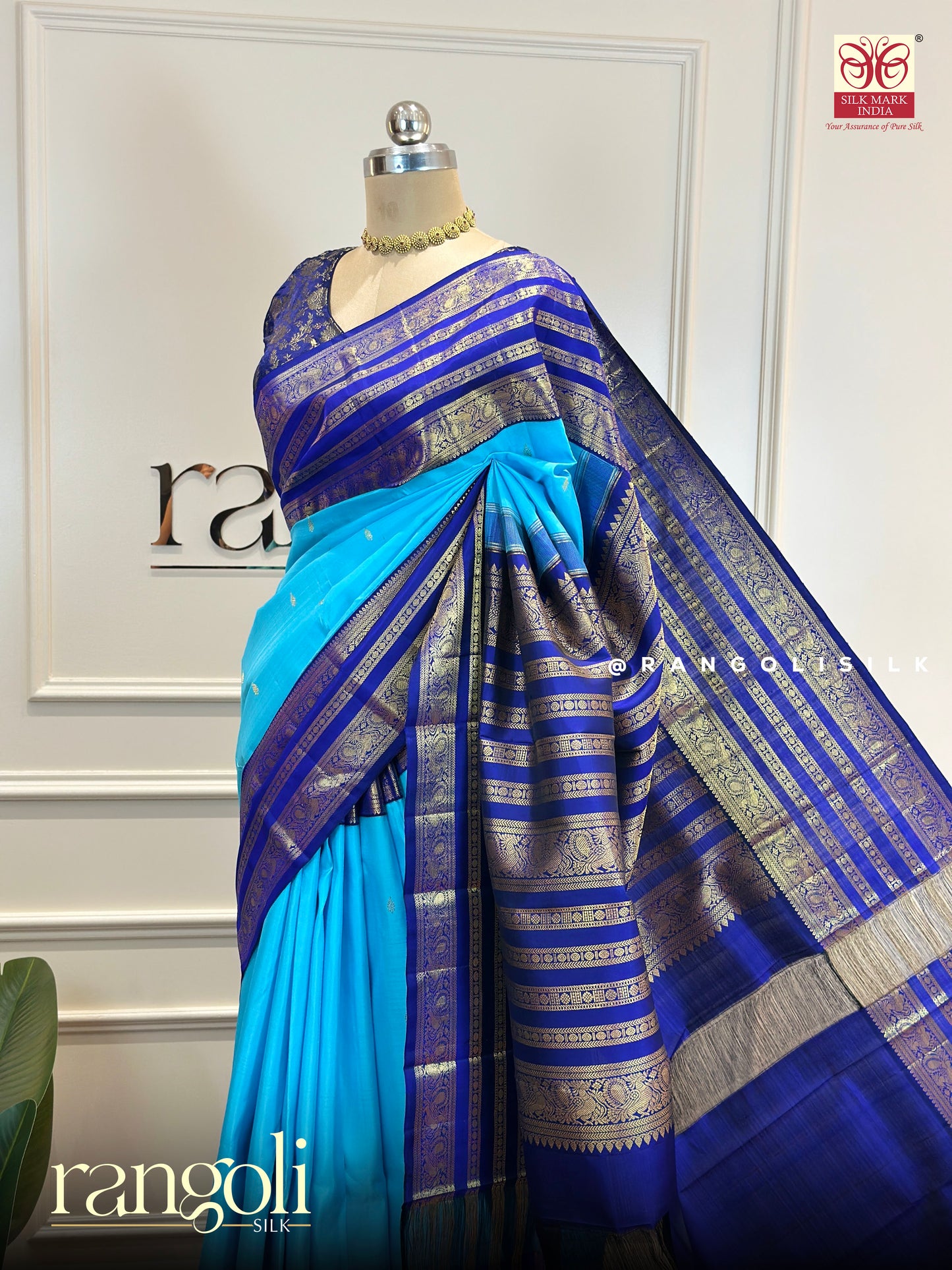 Royal Blue & Turquoise Pure Kanjivaram Silk Saree with Intricate Gold Zari Border - Post 606