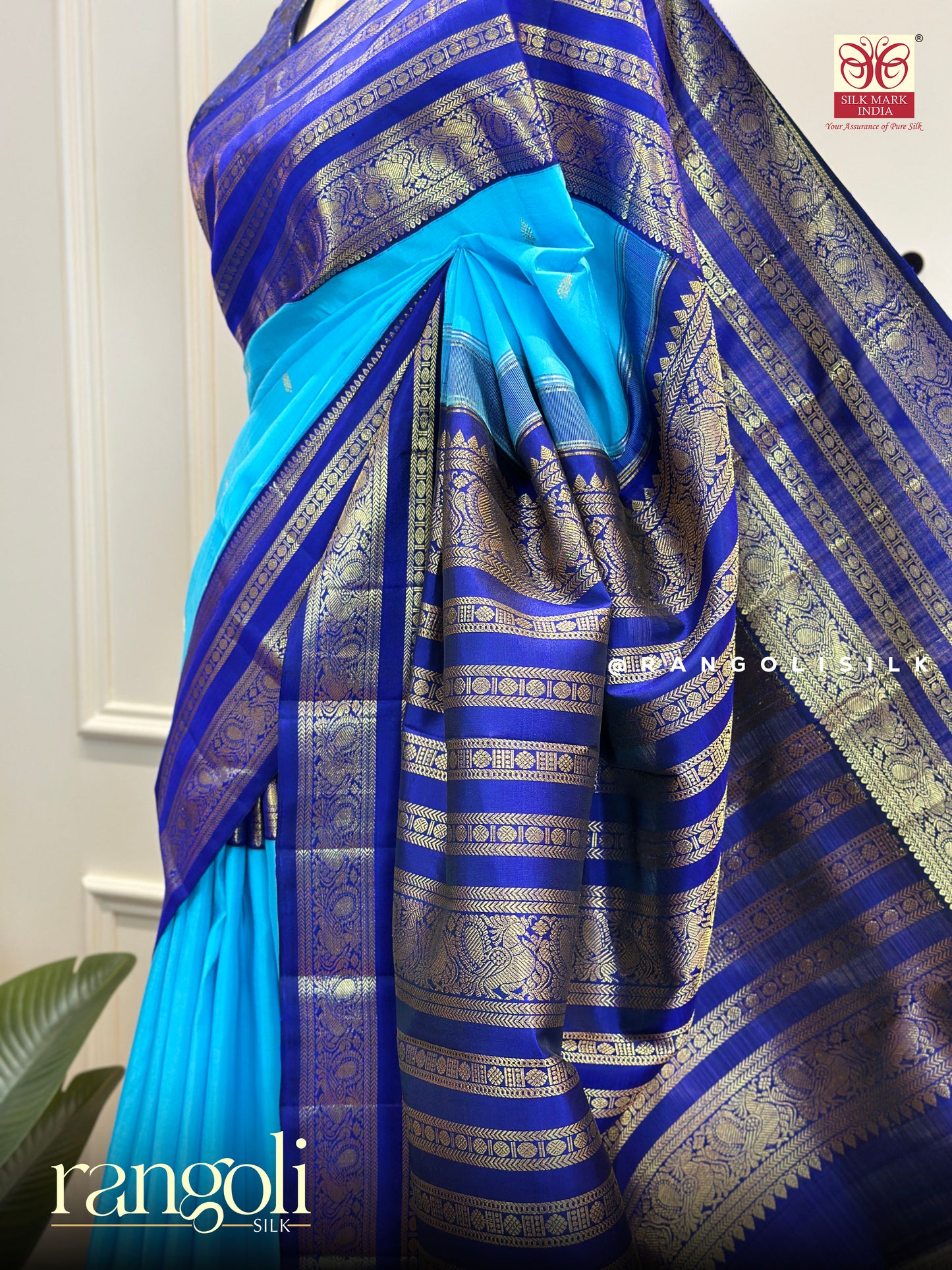 Royal Blue & Turquoise Pure Kanjivaram Silk Saree with Intricate Gold Zari Border - Post 606