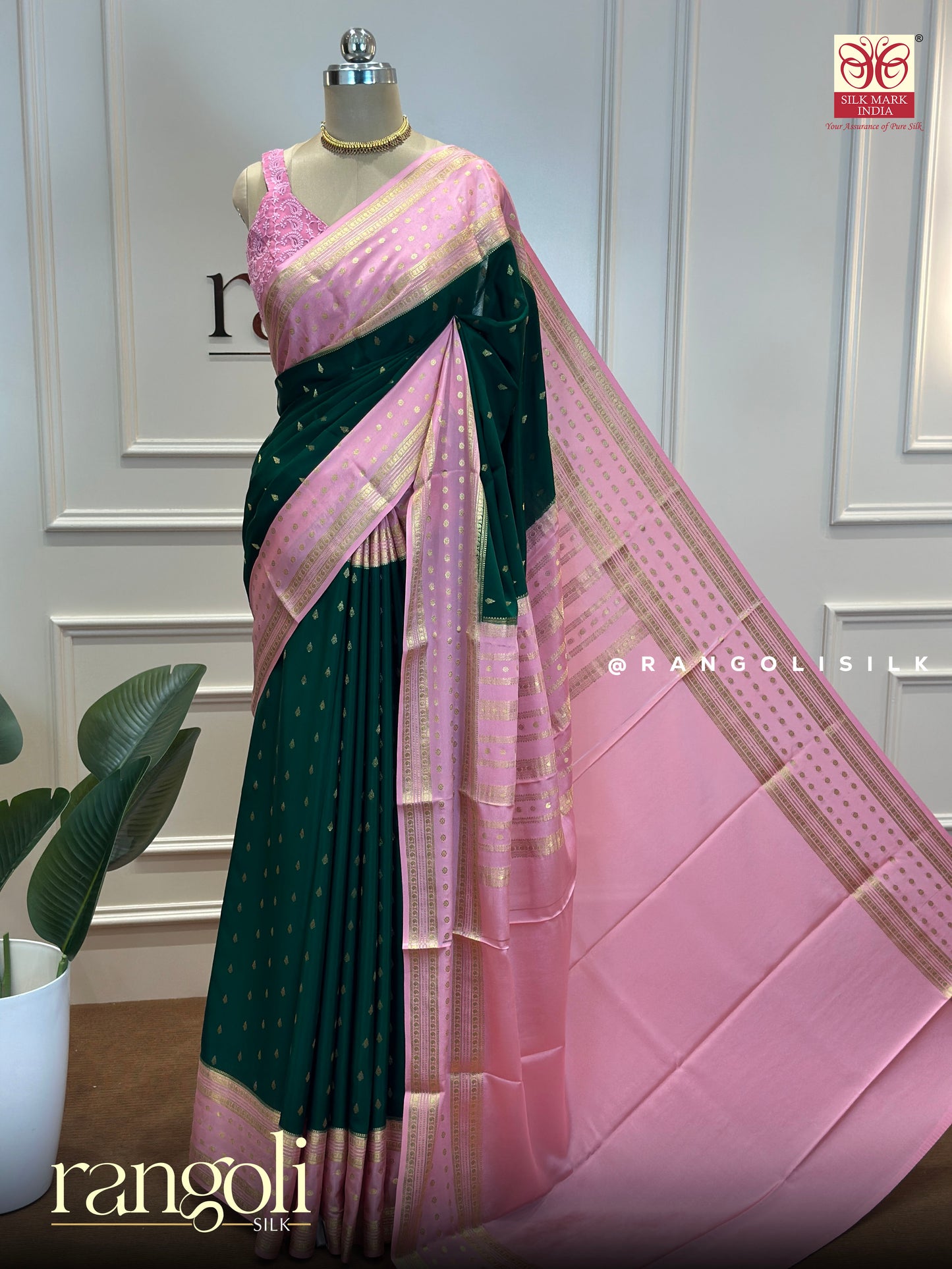 Pure Mysore Silk Saree in Emerald Green & Baby Pink with Intricate Zari Border & Pallu - Post 610