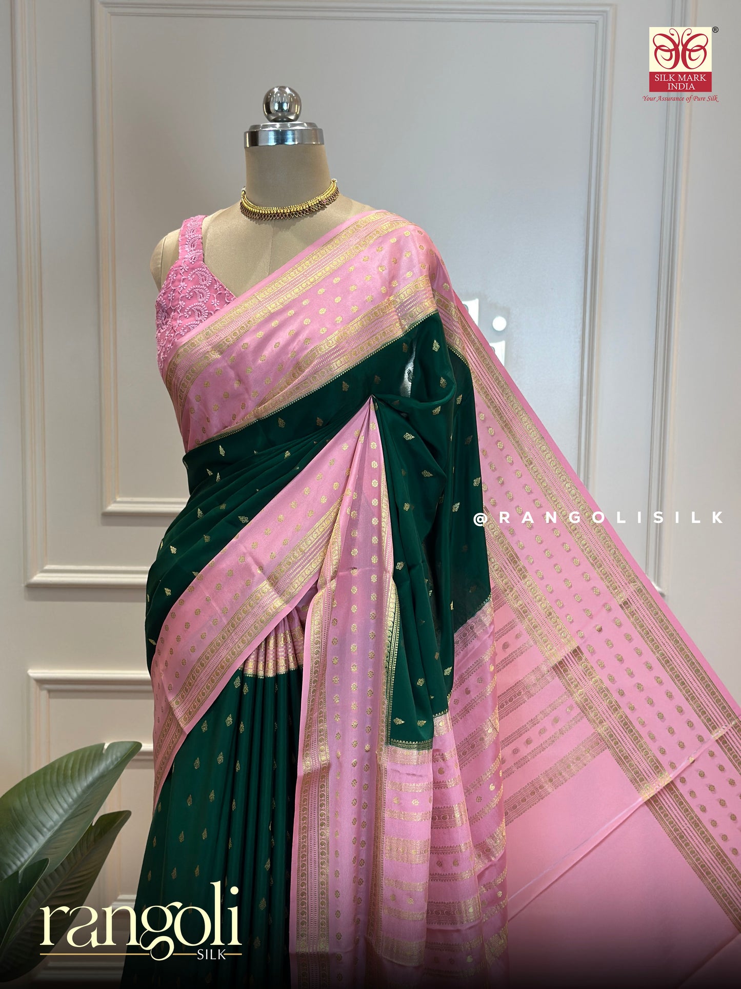 Pure Mysore Silk Saree in Emerald Green & Baby Pink with Intricate Zari Border & Pallu - Post 610