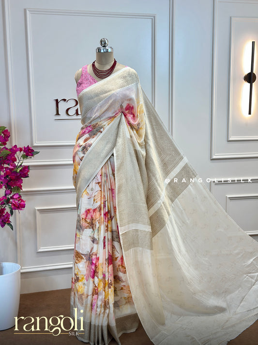 Elegant Banaras Saree in Soft Ivory with Rich Zari Pallu - Post 488