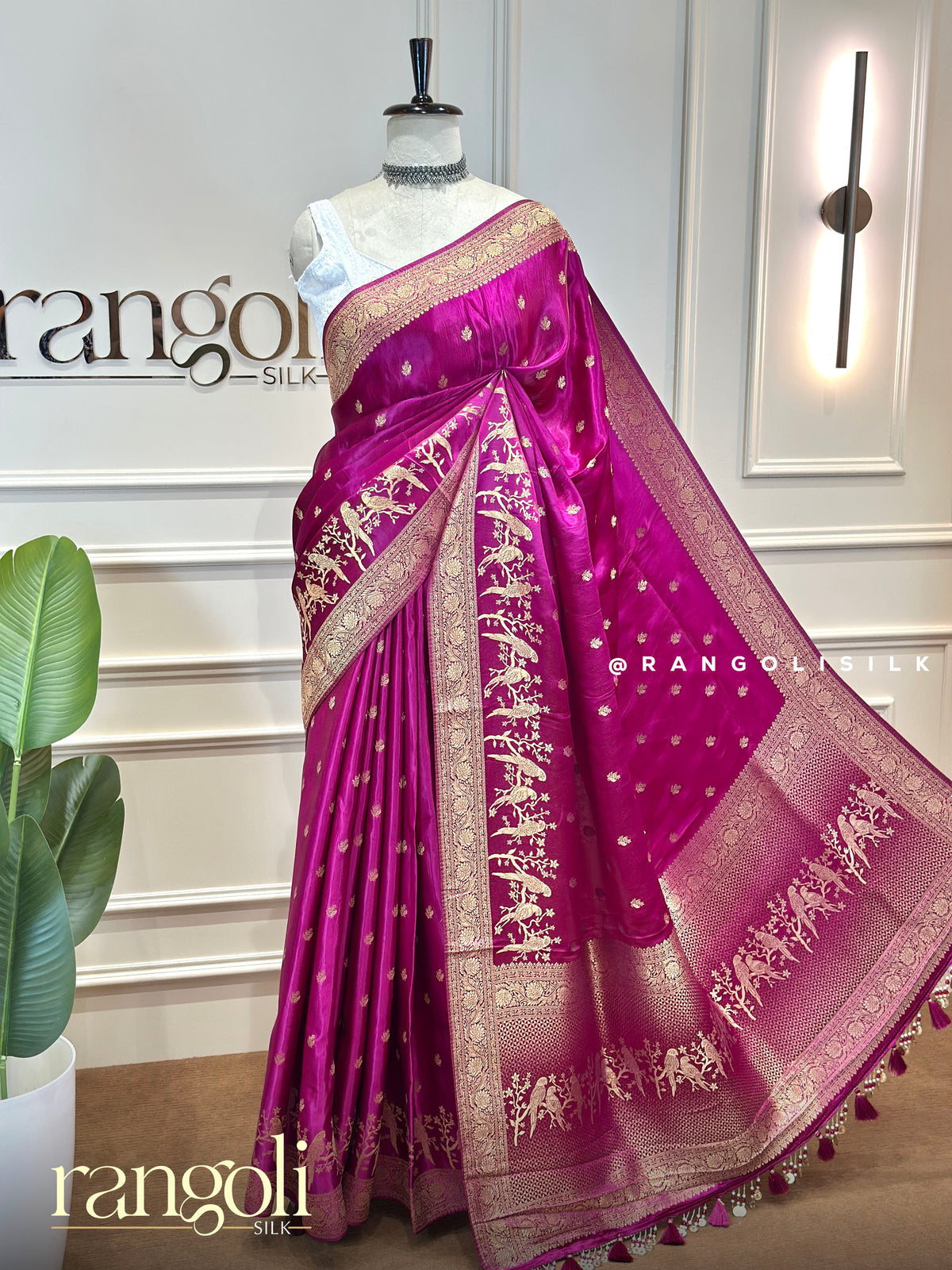 Banaras Satin Blend Saree with Gold Zari Motifs & Latkans - Post 1013