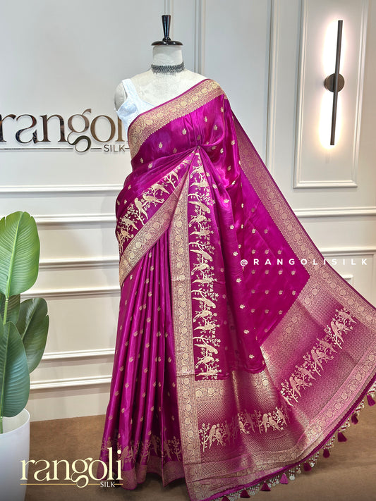 Banaras Satin Blend Saree with Gold Zari Motifs & Latkans - Post 1013