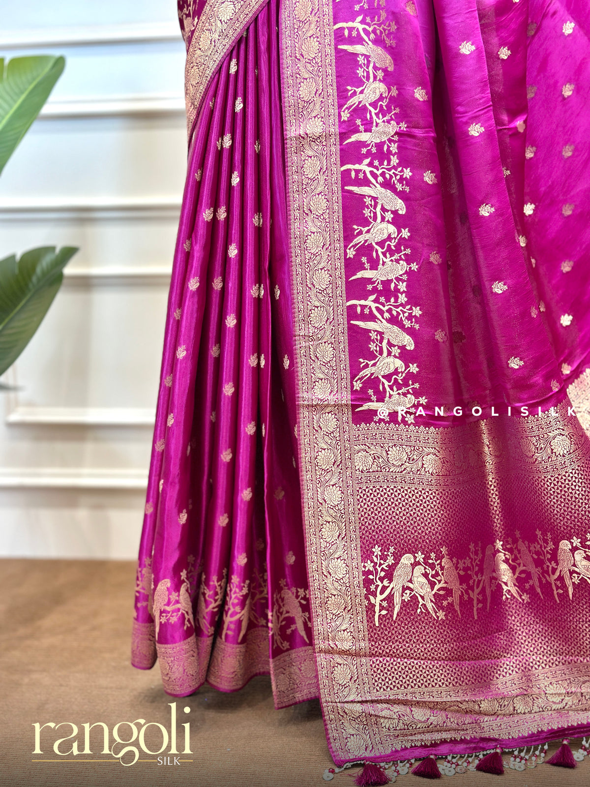Banaras Satin Blend Saree with Gold Zari Motifs & Latkans - Post 1013