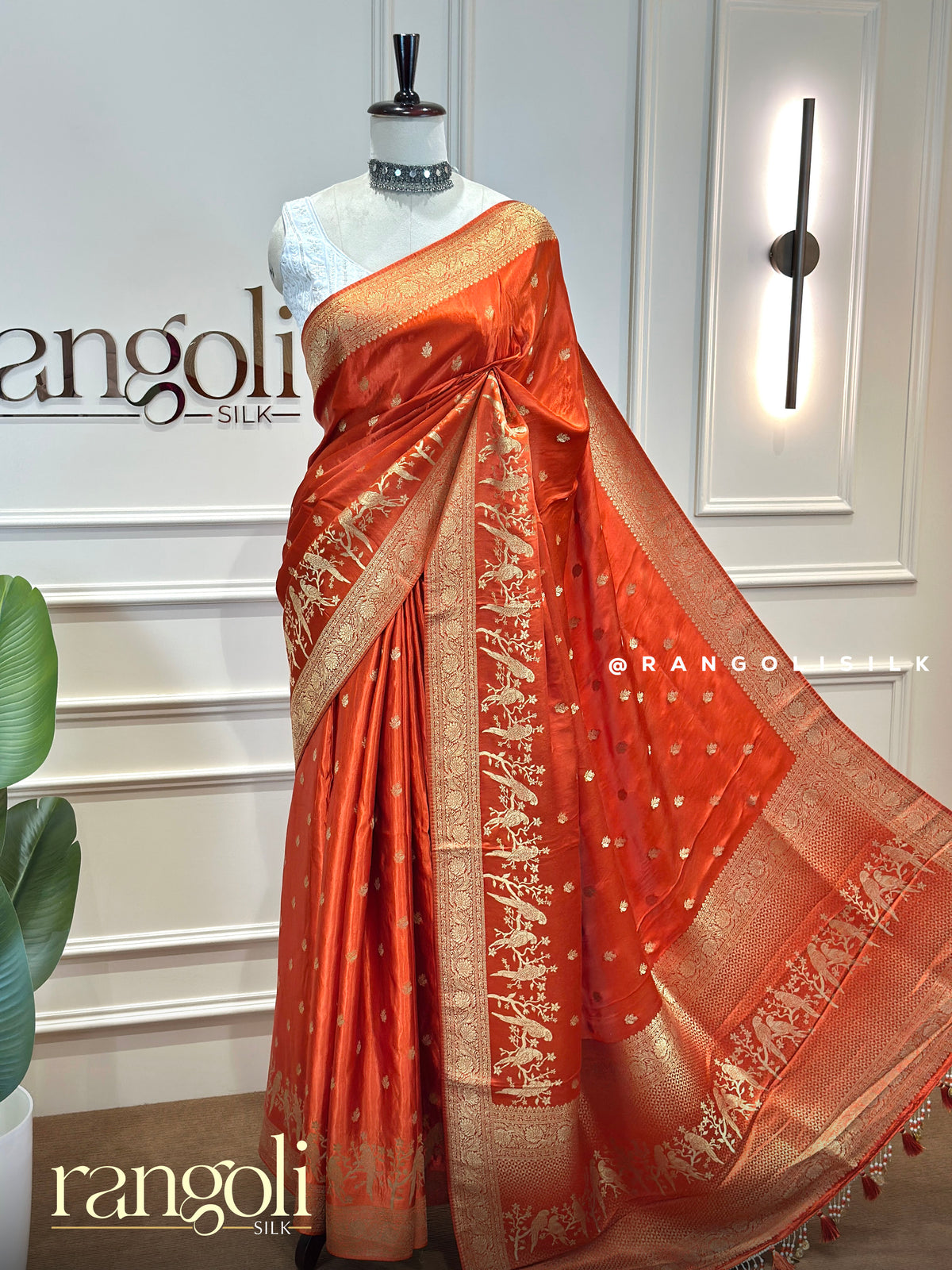 Banaras Satin Blend Saree with Gold Zari Motifs & Latkans - Post 1013