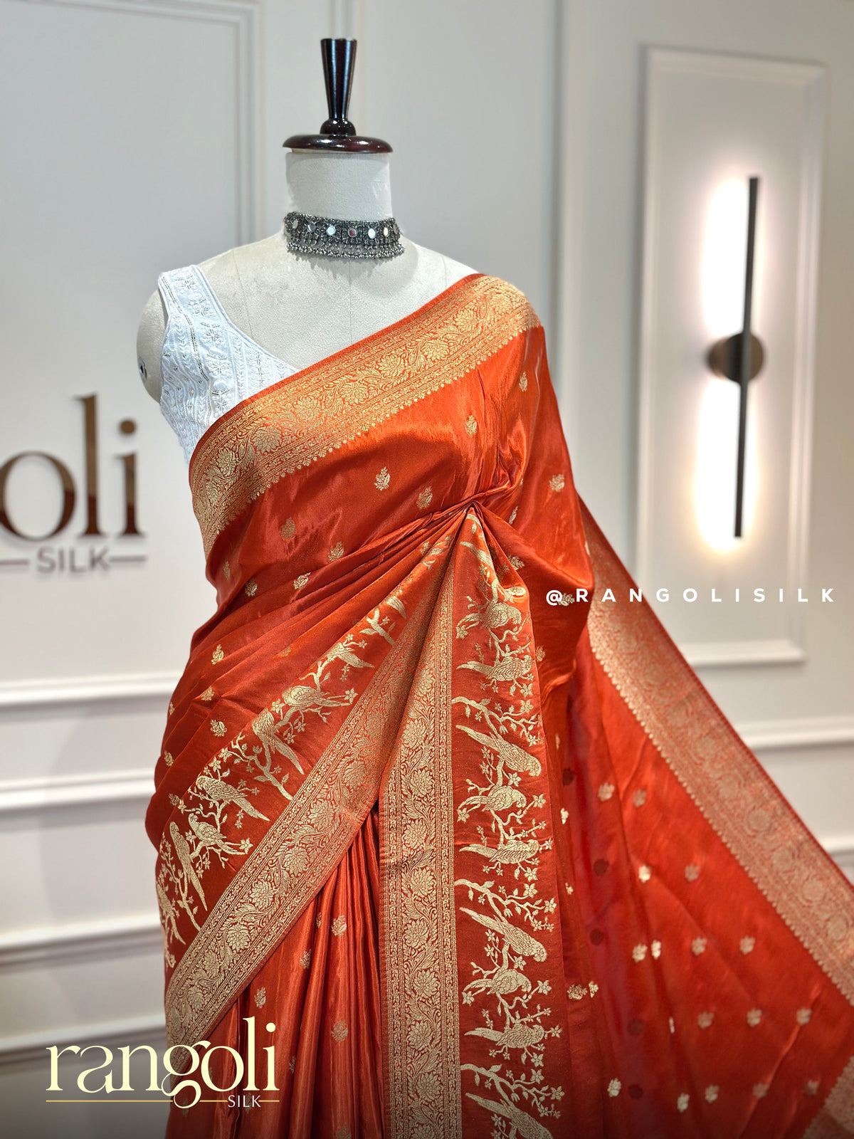 Banaras Satin Blend Saree with Gold Zari Motifs & Latkans - Post 1013