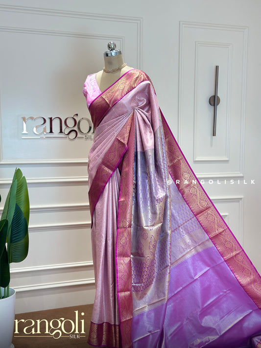 Soft Pink Tissue Silk Saree with Contrast Purple Border - Post 394