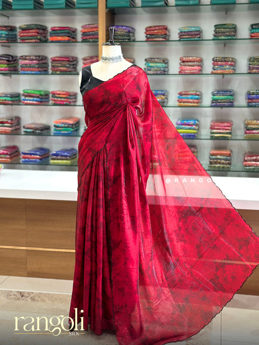 Floral Printed Soft Organza Saree with Scalloped Sequin Border - Post 1017