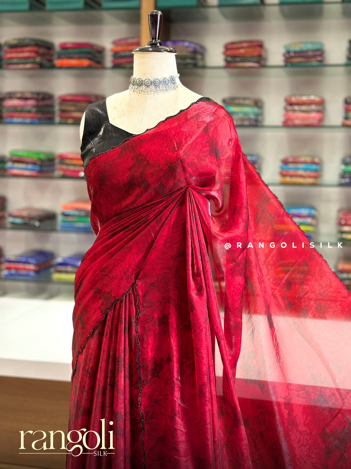 Floral Printed Soft Organza Saree with Scalloped Sequin Border - Post 1017