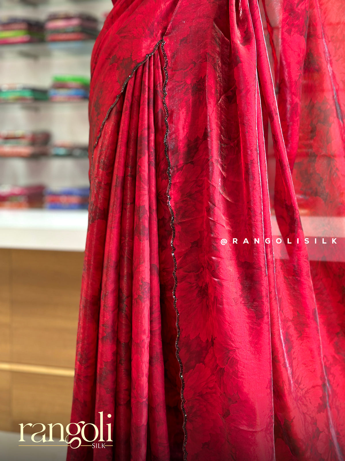 Floral Printed Soft Organza Saree with Scalloped Sequin Border - Post 1017