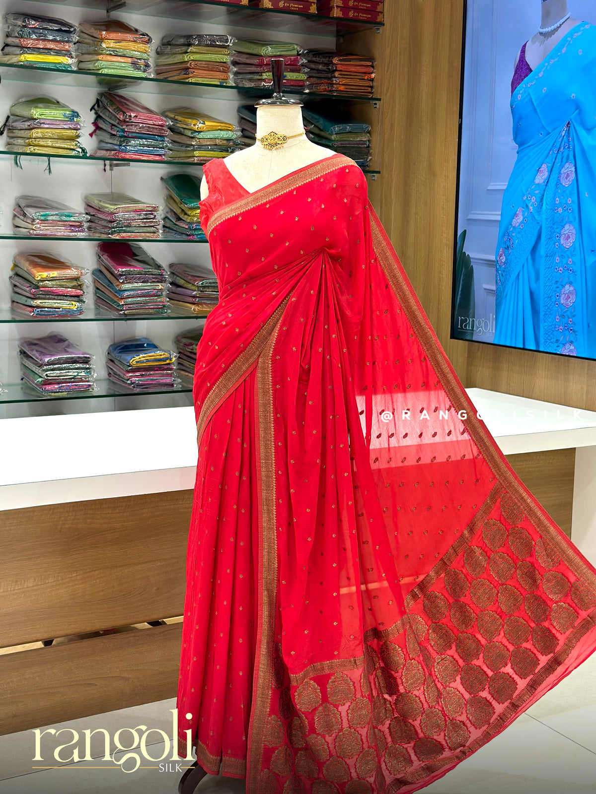 Red Banaras Saree with Gold Zari Buttas & Woven Pallu - Post 1014
