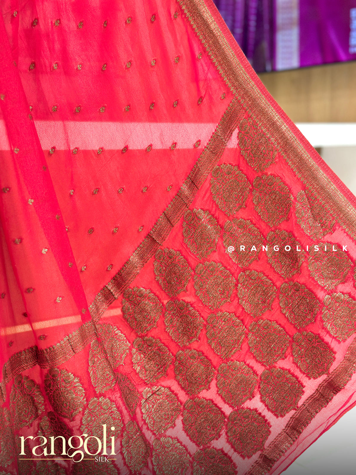 Red Banaras Saree with Gold Zari Buttas & Woven Pallu - Post 1014