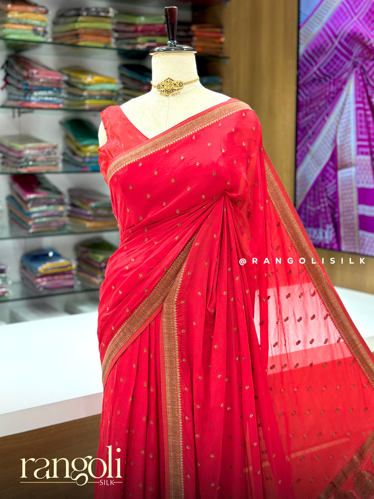 Red Banaras Saree with Gold Zari Buttas & Woven Pallu - Post 1014