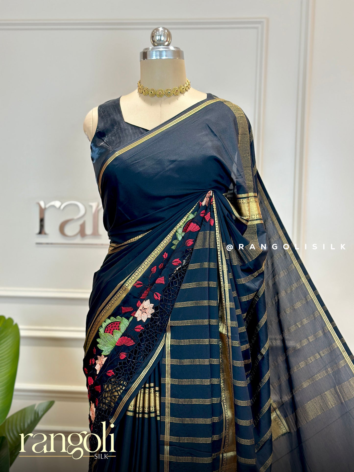 Semi-Mysore Silk Saree with Intricate Embroidery & Cutwork - Post 710