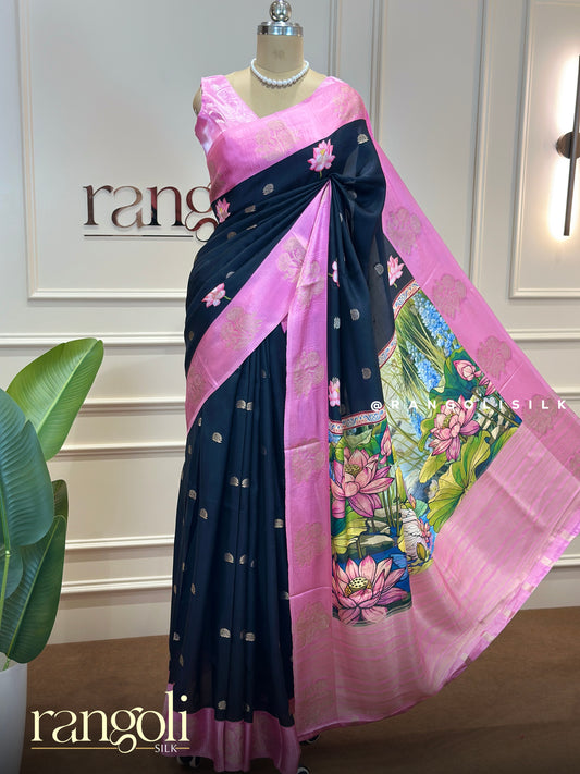 Classic Black & Pink Banarasi Saree with Lotus Pallu and Zari Buti Work - Post 783