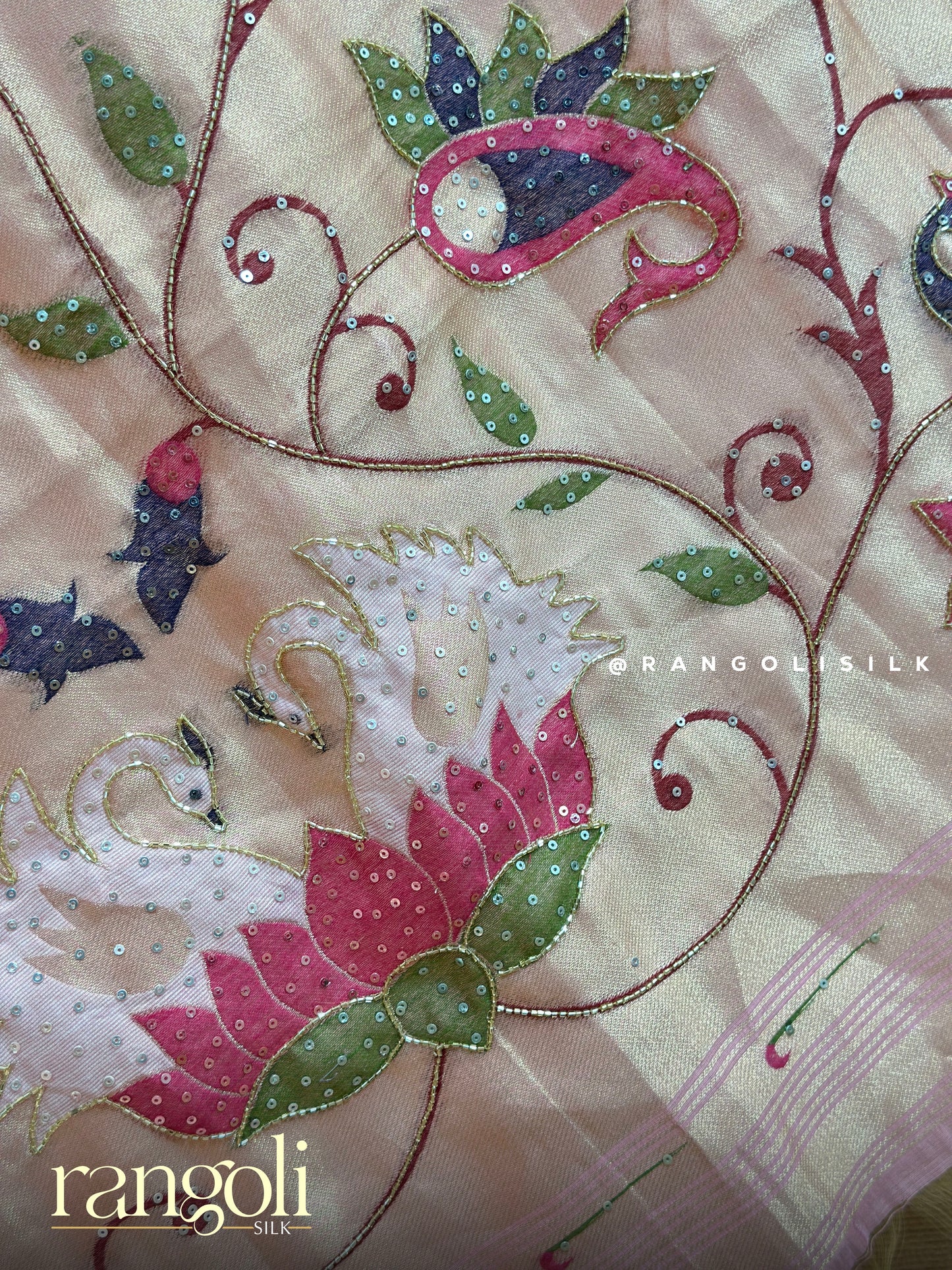 Blush Pink Floral Vine & Bird Motif Cotton Saree with Woven Border - Post 714
