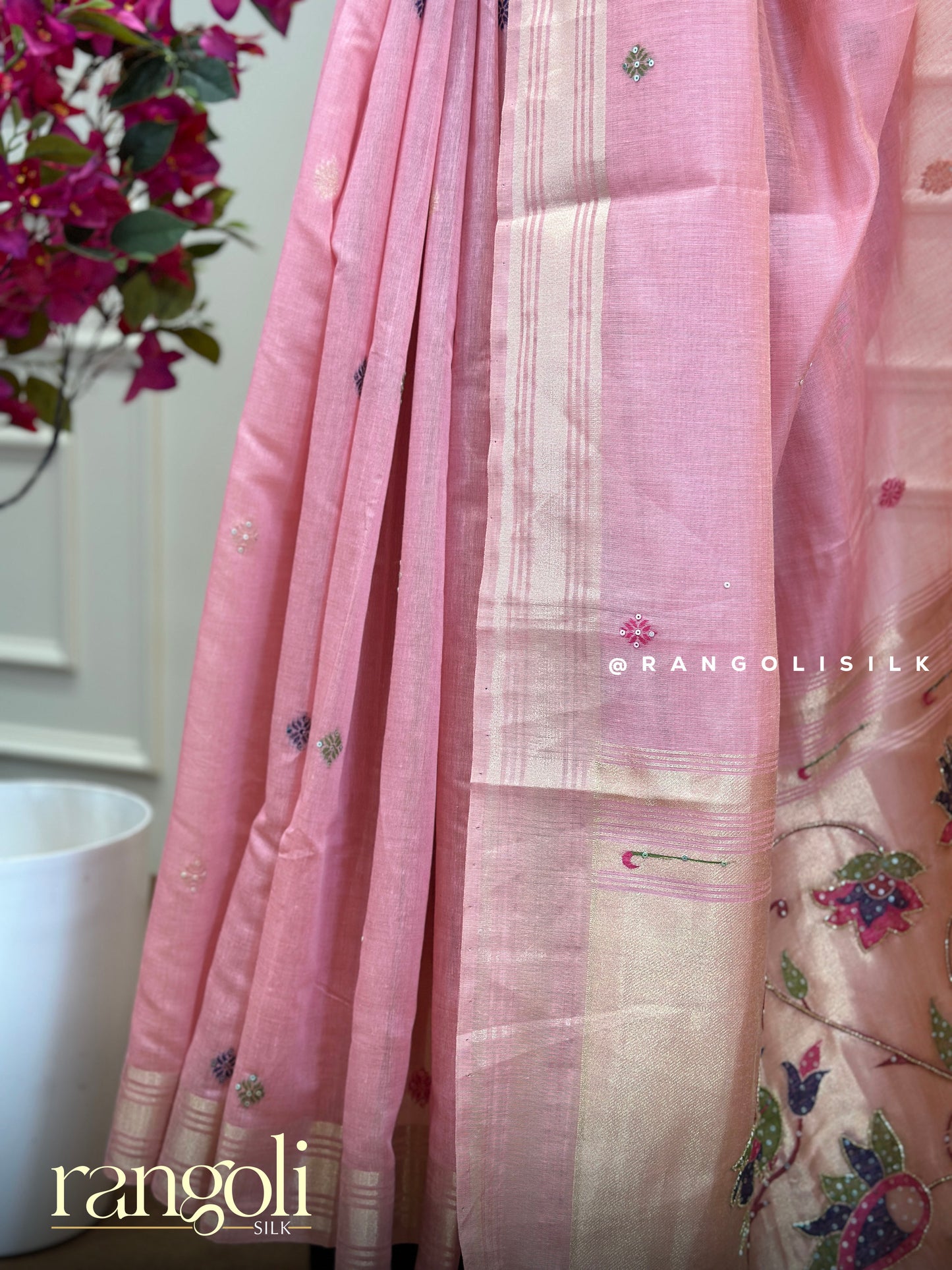 Blush Pink Floral Vine & Bird Motif Cotton Saree with Woven Border - Post 714