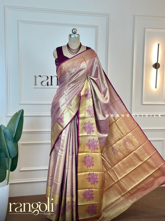 Rose Gold Tissue Silk Saree with Gold Zari & Floral Motifs - Post 494