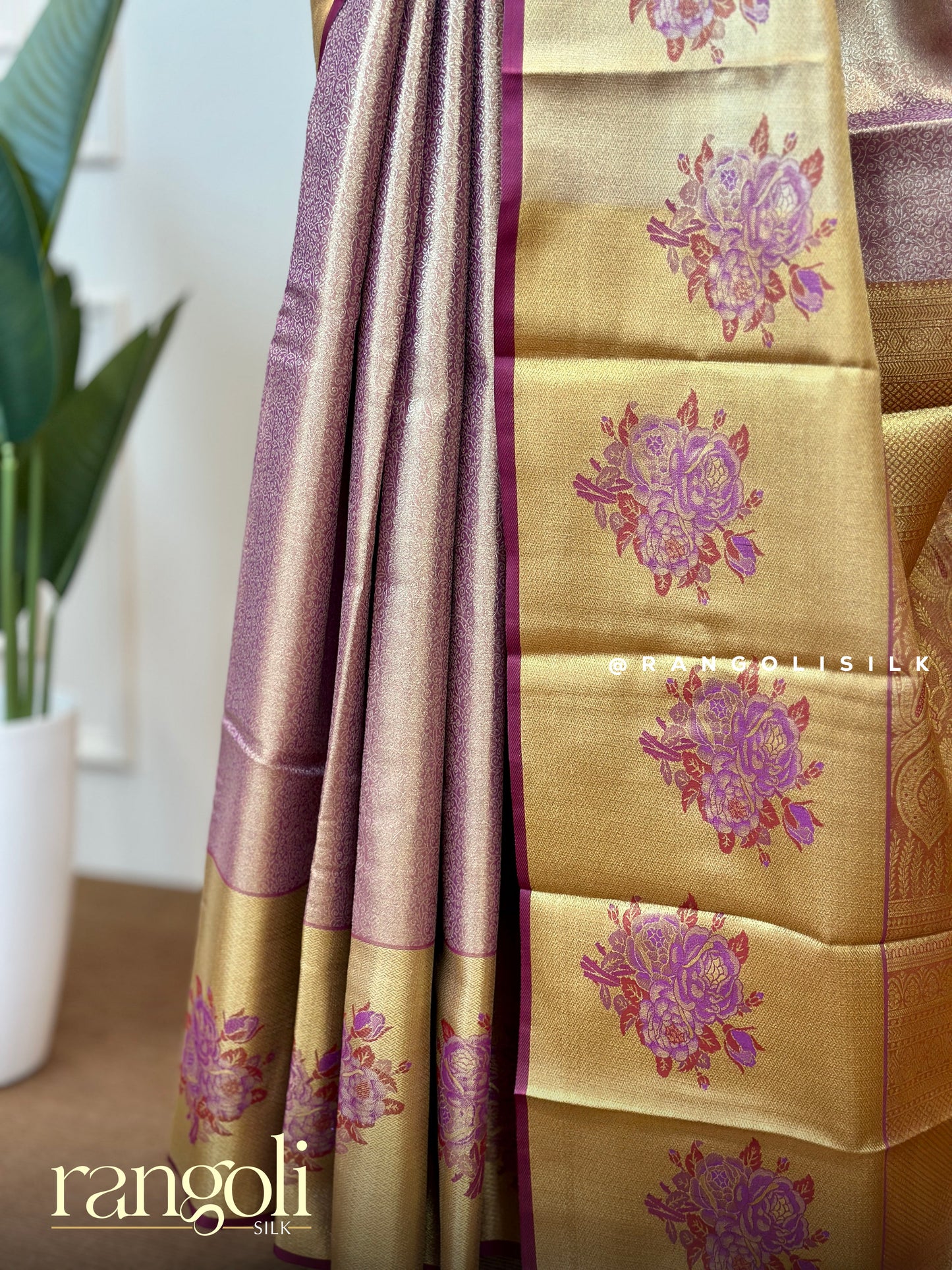 Rose Gold Tissue Silk Saree with Gold Zari & Floral Motifs - Post 494